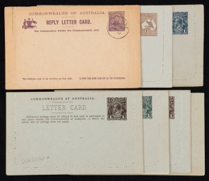 Letter Cards: Attractive group, all Unused except where noted; comprising LC13 "Giant Red Gum, Vic. / Queen's Gardens Perth W.A." CTO; LC14 "Botanic Gardens, Portland, Vic."; LC21 "Avon River, York W.A." (2, different colours); LC21 "Harvesting, Tamworth N.S.W."; LC21 "Waterfall Gully Adelaide" (2, different colours); LC22 "Mt.Buffalo, Victoria". Mainly fine. (8). Cat.$1200.