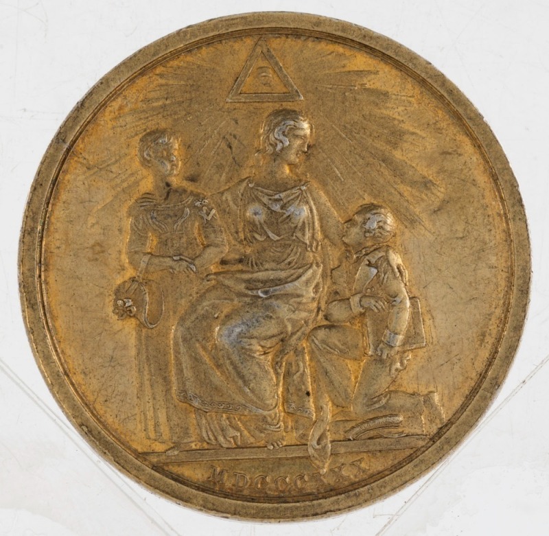 GREAT BRITAIN: 1830 gilt-bronze Freemason's Masonic Charity & Benevolence Testimonial medal, 36mm; Instituted by the Duke of Sussex.