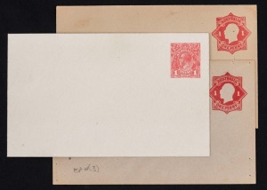 Envelopes: 1915 (EP4) 1d carmine KGV (Die 1) very fine Unused; 1916 (EP9f) 1d red KGV "star" with variety "Left point of star broken" Unused (but partly addressed); and (EP10) 1d red KGV "star" Die 4 Unused (minor faults). (3 items). Cat.$750.