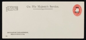 Envelopes - Official: 1930 (EO18) "TWO PENCE" on 1½d oval with OS in the die, printed for the Education Department, Melbourne; fine Unused. Cat.$400.