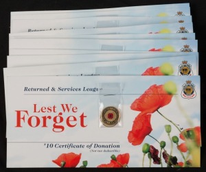 Coins - Australia: Decimals: TWO DOLLARS: 2012 "Remembrance" red poppy uncirculated coins, (10), each attached to an R.S.L. "Lest We Forget" donation card.Offered on behalf of the City of Orange RSL Sub-branch.