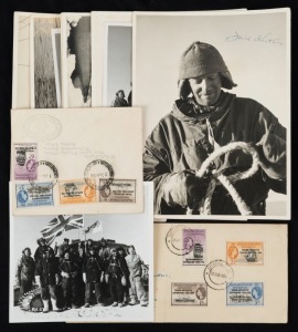 ANTARCTICA: 1956-58 TRANS-ANTARCTIC EXPEDITION: A collection of original photographs, all annotated and most hand-stamped for "The Trans-Antarctic Expedition, London" together with two covers bearing the FID set of 4 overprints; one tied by SHACKLTON cds's; the other by "INTERNATIONAL GEOPHYSICAL YEAR EXPEDITION" cds's. (12 photos + 2 covers).