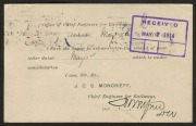 Postal Cards: OFFICIAL O.H.M.S. OVERPRINT: 1911 (P7e) 1d KGV&nbsp;in oval laurel wreath frame, used in May 1914 from Adelaide to Melbourne by the Chief Engineer for Railways. A scarce usage. Cat.$500. - 2