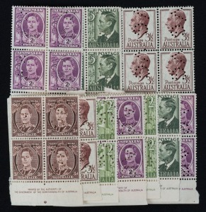 1940s-50s KGVI definitives in Authority imprint blks.4; all perforated "V.G." for Victorian Government Official usage. (10 blks.4), MUH.