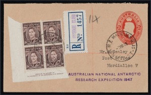 ANTARCTICA: "7MR48 A.N.A.R.E. MACQUARIE IS." cds tieing 3d brown KGVI Imprint blk.4 on registered 2½d Envelope to Victoria; with two-line "AUSTRALIAN NATIONAL ANTARCTIC RESEARCH EXPEDITION 1947" cachet; provisional "MACQUARIE ISLAND" R-label; arrival b/stamps of 2 and 3 April 1948