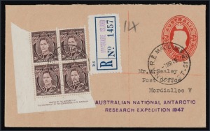 ANTARCTICA: "7MR48 A.N.A.R.E. MACQUARIE IS." cds tieing 3d brown KGVI Imprint blk.4 on registered 2½d Envelope to Victoria; with two-line "AUSTRALIAN NATIONAL ANTARCTIC RESEARCH EXPEDITION 1947" cachet; provisional "MACQUARIE ISLAND" R-label; arrival b/st