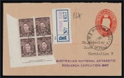 ANTARCTICA: "7MR48 A.N.A.R.E. MACQUARIE IS." cds tieing 3d brown KGVI Imprint blk.4 on registered 2&frac12;d Envelope to Victoria; with two-line "AUSTRALIAN NATIONAL ANTARCTIC RESEARCH EXPEDITION 1947" cachet; provisional "MACQUARIE ISLAND" R-label; arrival b/st