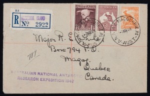 ANTARCTICA: "7MR48 A.N.A.R.E. MACQUARIE IS." cds's tieing 2/- Roo, 1/3 Bull + ½d Kangaroo on Registered cover to CANADA; with two-line "AUSTRALIAN NATIONAL ANTARCTIC RESEARCH EXPEDITION 1947" cachet; provisional "MACQUARIE ISLAND" R-label; numerous transi