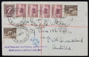 ANTARCTICA: "7MR48 A.N.A.R.E. MACQUARIE IS." cds's tieing 9d Platypus (2) + 5d Merino Ram (4) + 1 QM on registered cover to AYR, Queensland; with two-line "AUSTRALIAN NATIONAL ANTARCTIC RESEARCH EXPEDITION 1947" cachet; provisional "MACQUARIE ISLAND" R-label unusually affixed verso and tied; arrival b/stamps of Sydney, Townsville & Ayr.