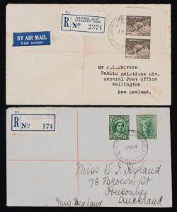 ANTARCTICA: "28MR49 A.N.A.R.E. MACQUARIE IS." cds tieing 4d Koala + 1½d QM on registered cover to NEW ZEALAND; with provisional "MACQUARIE ISLAND" R-label; arrival b/stamps of Melbourne and Ponsonby. Also, "15FE54 MAWSON, AUST. ANTARCTIC TERR>" cds tieing