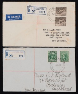 ANTARCTICA: "28MR49 A.N.A.R.E. MACQUARIE IS." cds tieing 4d Koala + 1½d QM on registered cover to NEW ZEALAND; with provisional "MACQUARIE ISLAND" R-label; arrival b/stamps of Melbourne and Ponsonby. Also, "15FE54 MAWSON, AUST. ANTARCTIC TERR>" cds tieing 9d Platypus (2) on registered airmail cover to New Zealand with Mawson and Melbourne b/stamps. (2 items).