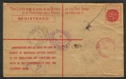 Registration Envelopes: 1918 (RE8) 4d orange KGV&nbsp;Registration Envelope, FU 27 Feb. 1918 from "PARLIAMENT HOUSE QUEENSLAND", uprated 1&frac12;d at BRISBANE P.O. with cds in red, for delivery to NEW YORK; with transit and arrival backstamps. A most attractive usag - 2