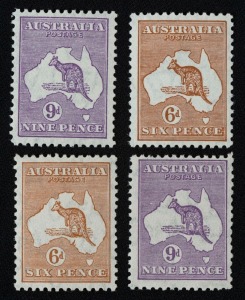Kangaroos - CofA Watermark: 6d Chestnut and 9d Violet, 2 shades of each, well centred MUH. (4).