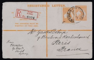 Registration Envelopes: 1913 (RE3) 4d Orange Kangaroo Envelope, uprated with a 4d Orange adhesive for delivery from Sydney (June 1914) to PARIS; lovely combination.