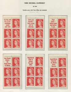 Decimal Issues: 1966 (SG.385a) 4c red Queen: complete set of 6 x 2 booklet panes (helecon ink & helecon paper sets) together with complete sets of 6 x 2 slogan+stamp singles (helecon ink & helecon paper). Fine and fresh MUH. (12 panes + 12 tab singles).