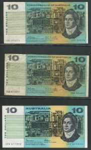 Banknotes - Australia: 1953 - 1985 duplicated range on pages, comprising £1 (2), $1 (34), $2 (29), $5 (2) & $10 (3); mixed condition; (Total: 70).