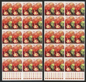 Decimal Issues: 2008 (SG.3097a) $10 CHRISTMAS booklet pane of 20 x 50c (4 x5): with variety the top row shows all stamps IMPERFORATE at top and only perforated partially down each side, plus another booklet with partially IMPERFORATE top row. (2 items).