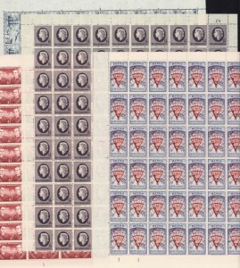 NEW ZEALAND:ROSS DEPENDENCY: 1957 (SG.1-4) 3d HMS Erebus, 4d Shackleton & Scott and 8d Map, all in complete sheets of 120 with De La Rue imprints, Plate numbers and value corners; also, the 1/6 Queen, (120) in large part sheet plus blocks with imprint, pl