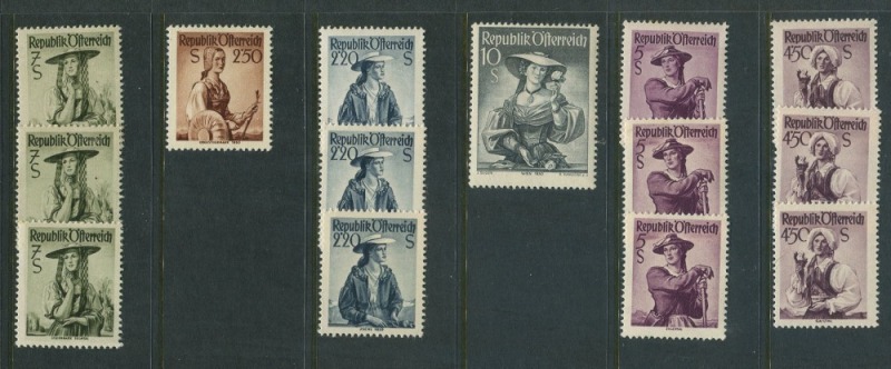 AUSTRIA: 1948-52 Costumes: 5g - 10s accumulation on Hagner pages; uneven quantities but unchecked for specialist varieties (plate, paper, gum, etc.), all MUH (plus a few * or defective, not counted). Great opportunity! (140+).