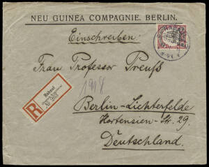 1914 (Jan.17) 'Neu Guinea Compagnie. Berlin' registered cover to Germany, franked 40pf, tied by a superb strike "RABAUL / DEUTSCH NEUGUINEA" cds, with reg. label at left and Berlin b/stamp. Scarce.