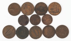 TRADE TOKENS: Selection with  with 1d (9), including R. Parker (Geelong; R405) G & WH Rocke (Melbourne; R458), Thomas White (Westbury, Tas; R592), H. Lipscombe (Hobart, Tas; R326), also ½d (3), including Lewis Abraham (Hobart; R2); condition generally G t