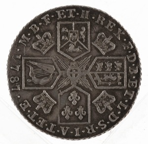 Coins - World: Great Britain: George III Shilling 1787 obv: variety without hearts, laureate and draped bust right, legend surrounding, GEORGIVS. III. DEI. GRATIA. RX: cruciform shields, without semée of hearts in Hanoverian arms, crowns in angles, garter star at centre, date at bottom, legend surrounding, M.B.FE. ET. H. REX. F.D. B.ET. L. D. S. R. I. A. T ET. E. Including the original storage sleeve with the previous collectors catalogue notes.