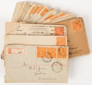KGV Heads - Single Watermark: 1918-23 2d Orange (SG.62) solo frankings on covers (36) mostly NSW or QLD datestamps including TPO No 2 NCR', 'TPO No 5 NCR', 'NOBBY', 'DALLARNIL', 'POMONA' (all Qld); also a Nambour registered cover with 2d orange (x3) and 1½d Green covers (9). All the covers are addressed to H.L. Jones of Mel Bonum Apiaries in Goodna, Queensland. Condition is variable. (46 covers).