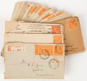 KGV Heads - Single Watermark: 1918-23 2d Orange (SG.62) solo frankings on covers (36) mostly NSW or QLD datestamps including TPO No 2 NCR',  'TPO No 5 NCR', 'NOBBY', 'DALLARNIL', 'POMONA' (all Qld); also a Nambour registered cover with 2d orange (x3) and 