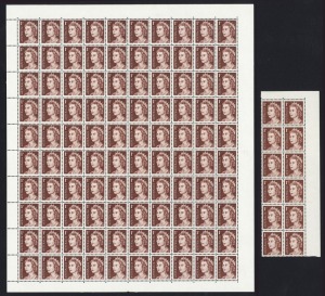 Decimal Issues: 1966 (SG.382 var.) 1c brown Queen, complete sheet on NON-HELECON PAPER [BW: 436ad - $100 each], together with an upper right cnr.blk.12 on normal helecon paper, (110) superb MUH. Cat.$10,000+.