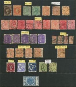 AUSTRALIAN COLONIES & STATES - General & Miscellaneous Lots: ASSORTMENT ON HAGNERS: mostly commoner later period issues, best item SOUTH AUSTRALIA 1904-11 Thick 'POSTAGE' £1 fine mint P.12½ (Cat.£250); also VICTORIA 2d QOT and QV £5 pink & £5 claret & blue revenues; others from NSW, Qld & Tasmania.
