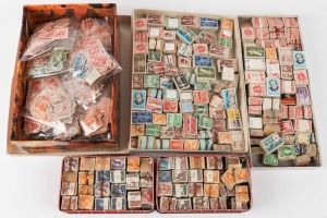 BUNDLEWARE: Mostly QEII era bundleware in small tins & small boxes, with values to 3/- Flowers, Zoological series & 3½d Food also well represented; also some packets with KGV low value commemoratives and a large packet of foreign 4-Kings era kiloware with