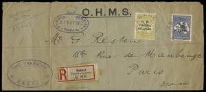 1917 (Nov.27) Rabaul - Paris, France OHMS registered cover franked 2&frac12;d (postage) and 3d (reg.), both o'pt "N.W./PACIFIC/ISLANDS." tied by cds's. With Rabaul registration label, "THE TREASURY / RABAUL" & "PASSED CENSOR" violet handstamps plus Sydney cds tr