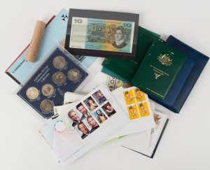 An accumulation including Australian 1966 $10 Coombs/Wilson banknote,1982 2c Coin roll, 1987 Coin Proof set, 1988 $10 Unc, 1988 $10 banknote in folder, a few G.B. items, 1988 World Expo "2 Dollars" (10), various Australian sport related First Day Covers and a few stamp products.