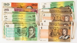 Banknotes - Australia: Decimal Banknotes: A range of paper banknotes in mixed condition: $1 (21), $2 (25), $5 (3) & $20 (1).