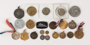 MEDALLIONS & FOBS incl. 1889-90 miniature Exhibition Souvenir, 1890-91 Ballarat Juvenile Exhibition miniature in silver, 1895-96 Ballarat Exhibition miniature, 1900 Relief of Mafeking, 1901 Opening of Federal Parliament (3, all diff.), 1906 Launceston Centenary, 1913 Visit of the Commonwealth Fleet to Sydney, 1919 VICTORY, 1938 Hobart Centenary Regatta, 1945 Victory, 1953-54 Tasmania 150th Anniversary, 1973 Sydney Opera House, and others. (22).