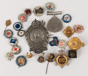 Militaria: A diverse group incl. a Mine Clearance Service badge, a WW2 Victory Medal engraved to H.R. Thomas, a Royal Australian Army Service Corp badge, an RSL badge, a Montgomery head stick-pin, a Royal Naval Christian Union badge, Red Cross badges, etc