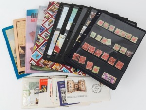 An accumulation in a box, comprising several P.O.Packs, some albums, stamps on pages, etc.