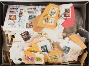 AUSTRALIA & WORLD in shoebox including two schoolboy albums, and a quantity of stamps on piece with Australian 1970s-80s decimals predominating.