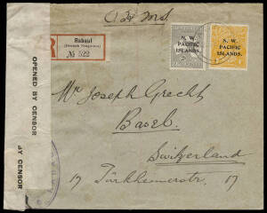 1918 (Sept.28) &nbsp;Rabaul - Basel, NWPI commercial registered, censored cover franked with 2d Roo and 4d Orange KGV tied by Rabaul cds. With Rabaul reg. label, censor tape at L over "... Rabaul" violet h/stamp and endorsed by hand "O.H.M.S." at top. Sydney a