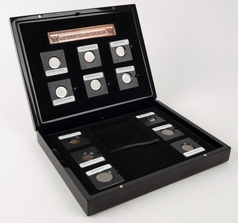 Coins - World: IMPERIAL ROMAN COINS: A boxed collection of twelve bronze coins titled "ANCIENT COINS OF ROME" being a single coin from each of twelve different Caesars beginning with Gallienus and including Probus, Constantius, Constantine 1, Constantius