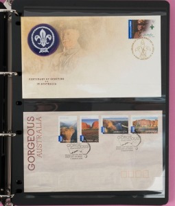 First Day & Commemorative Covers: 2000-2011 First Day Cover collection in three volumes with 'prestige' types (with badges) including 2008 Scouting International Post, 2008 Working Dogs, 2008 Aviation, 2008 Christmas, 2009 'Earth Hour', etc; also numerous International Post issues, M/Ss, Sheetlets, Joint Issues, values to $5 and $10; also some AAT, Christmas Is & Cocos Is issues; very fine unaddressed condition. (approx 200 covers)