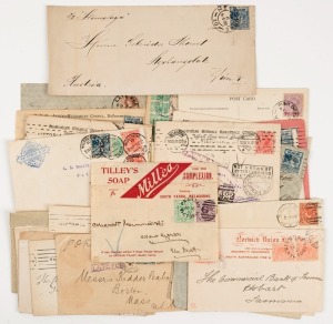 VICTORIA - Postal History: 1891 - 1912 range of commercially used covers and cards; mainly from the early Federal Period and mostly to foreign destinations. Offices of despatch include BALLARAT, PRAHRAN, DIGGERS REST, MILDURA, HOCHKIRCH, KILMORE, STOCK EXCHANGE P.O., SURREY HILLS, FISH CREEK, ARCHIES CREEK, etc.; several with interesting markings, illustrations, etc. (37 items).