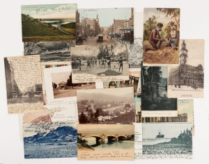 VICTORIA - Postal History: POSTCARDS: A nice group, with subjects including "TALLANGATTA, LOOKING EAST" RP, "View on the Yarra" (port activity), "The Lawn at Flemington" RP, "River Yarra, Victoria" by Jolley, "Post Office, Oakleigh" RP, "The Ozone leaving Sorrento Pier", "Manifold Street, Camperdown" RP, "A duel to the death" RP by Kerry, "Yachting at Corio Bay" RP by Thacker, a Tom Durkin "swaggie cartoon" with Norman Lindsay decorated reverse for the Bulletin, etc. Despatch postmarks incl. KAN