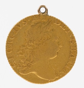 Coins - World: Great Britain: 1773 George III Guinea, Third Laureated Head Type, jewelry mount, weight 8.35gr of 917/1000 (22k) gold.