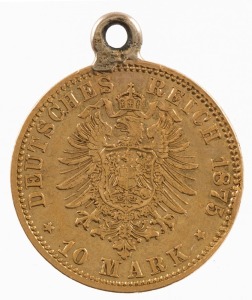 Coins - World: Germany: PRUSSIA: 1875 Wilhem I 10 Mark, 'A' (Berlin) mint mark, rim ding, jewellery mount, 3.98gr of 900/1000 fine gold.