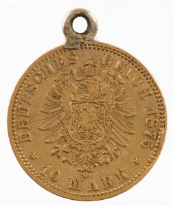 Coins - World: Germany: PRUSSIA: 1875 Wilhem I 10 Mark, 'A' (Berlin) mint mark, rim ding, jewellery mount, 3.98gr of 900/1000 fine gold.