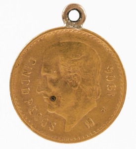 Coins - World: MEXICO: 1906 Cinco (5) Pesos, surface ding to obverse, jewelry mount, 4.16gr of 900/1000 fine gold.