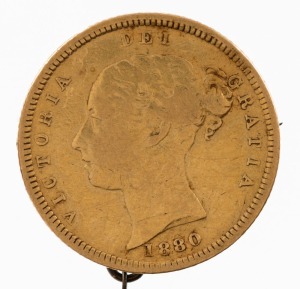 Coins - World: Great Britain: 1880 QV Shield half sovereign, pin & chain mounts to reverse, 3.99gr of 917/1000 fine gold.