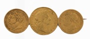 Coins - World: Great Britain: Three-coin gold brooch comprising 1683 Charles II Guinea and two 1824 George III Sovereigns, jewellery mounts on the reverse of both sovereigns, 24.31gr of 917/1000 fine gold for the three 3 coins.