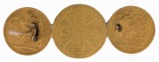 Coins - World: Great Britain: Three-coin gold brooch comprising 1683 Charles II Guinea and two 1824 George III Sovereigns, jewellery mounts on the reverse of both sovereigns, 24.31gr of 917/1000 fine gold for the three 3 coins. - 2